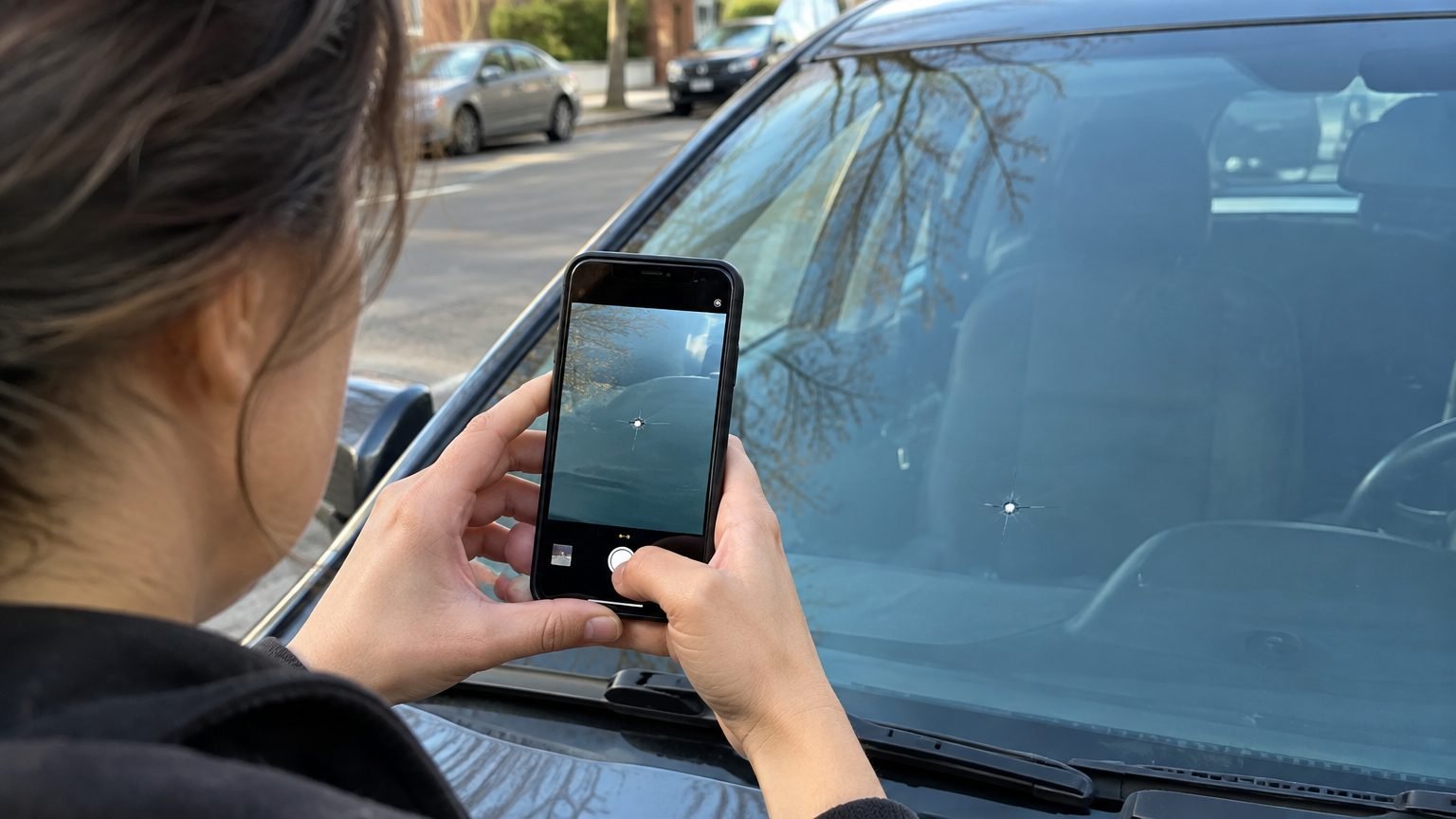 Photo d'un impact de pare-brise au smartphone pour un devis